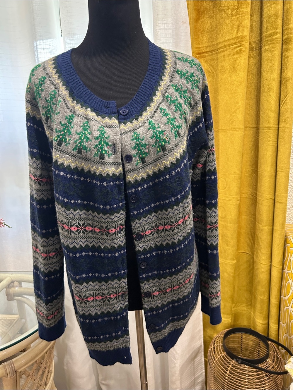 Talbots Navy Fair Isle Cardigan with Green and Pink Accents